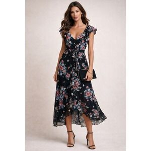 Lily Rose Midi Dress Womens S Black Floral Cottagecore Fairycore Romantic Boho